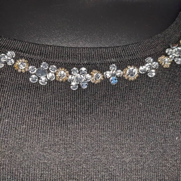 Women's Pointelle Silk/Viscose Blend Bedazzled Black Top, Classic, Event, Sz‎ L - Picture 2 of 7